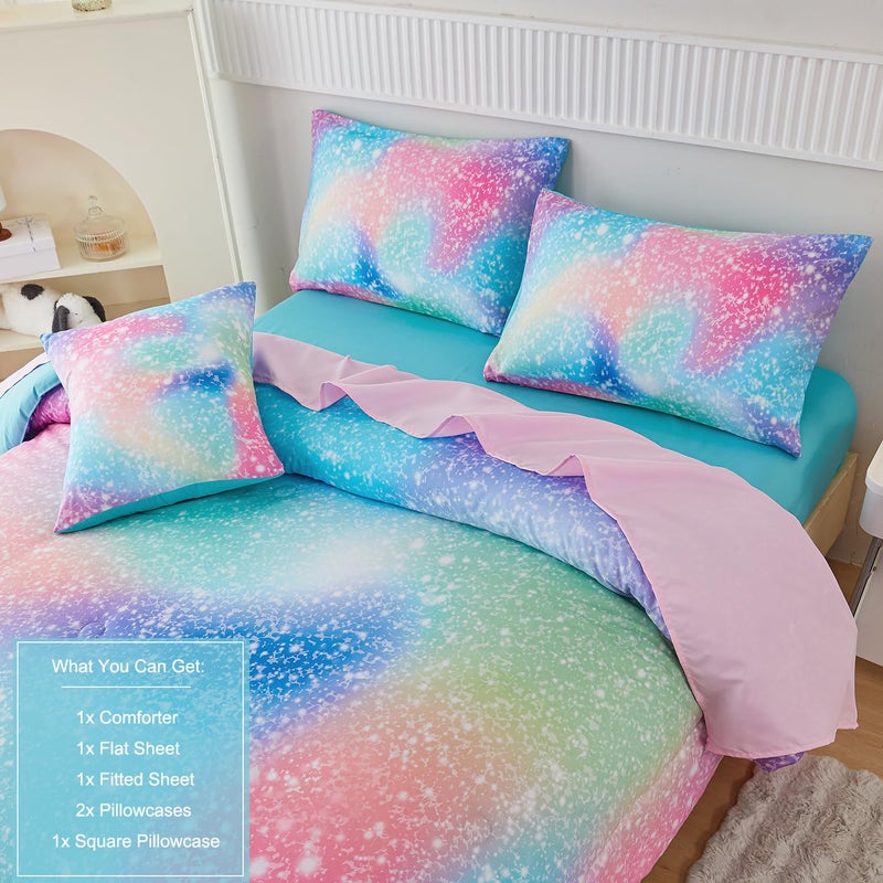 PERFEMET Pink Green Girls Twin Comforter Set, 6 Pieces Colorful Rainbow Kids Bedding Sets, Tie Dye Ombre Glitter Bed in A Bag Comforter Set with Sheets - Image 4