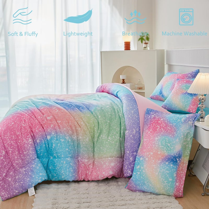 PERFEMET Pink Green Girls Twin Comforter Set, 6 Pieces Colorful Rainbow Kids Bedding Sets, Tie Dye Ombre Glitter Bed in A Bag Comforter Set with Sheets - Image 5