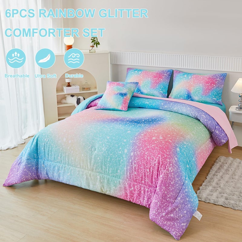 PERFEMET Pink Green Girls Twin Comforter Set, 6 Pieces Colorful Rainbow Kids Bedding Sets, Tie Dye Ombre Glitter Bed in A Bag Comforter Set with Sheets - Image 3
