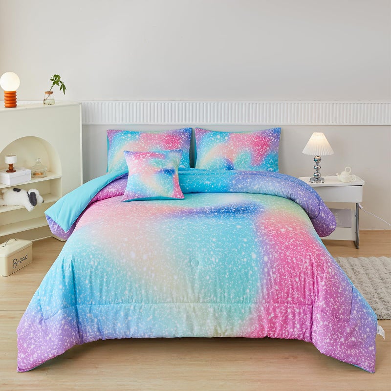 PERFEMET Pink Green Girls Twin Comforter Set, 6 Pieces Colorful Rainbow Kids Bedding Sets, Tie Dye Ombre Glitter Bed in A Bag Comforter Set with Sheets - Image 2