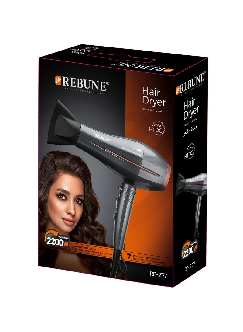 REBUNE Professional Hair Dryer with 2200W Power BLACK - Image 2