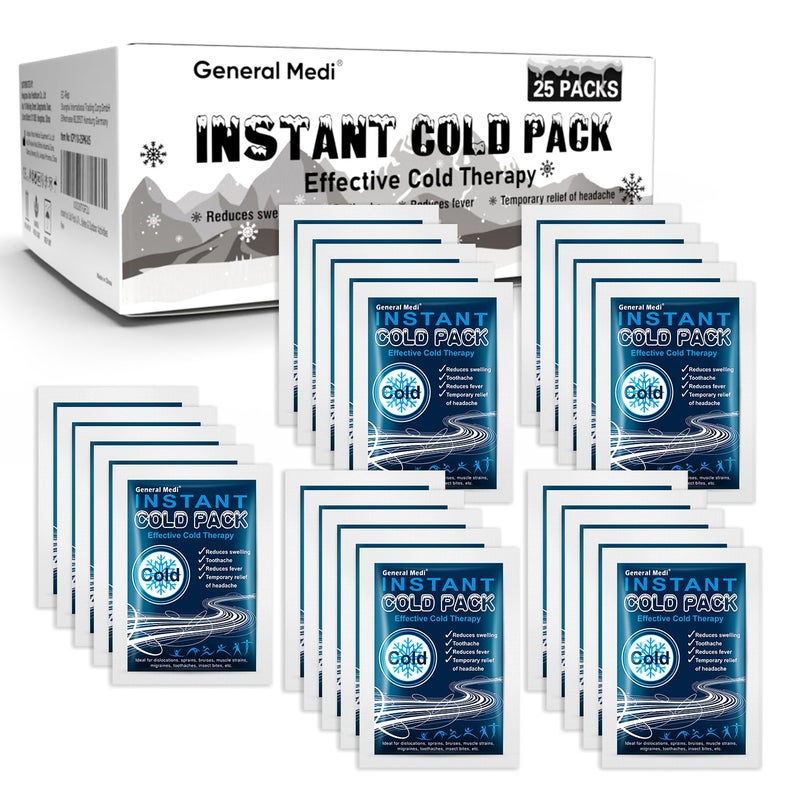 General Medi Instant Ice Cold Pack (4â€x 5.5â€) â€“ 25 Packs Disposable Cold Therapy Ice Packs for Pain Relief, Swelling, Inflammation, Sprains, Toothache â€“ for Athletes & Outdoor Activities - Image 1