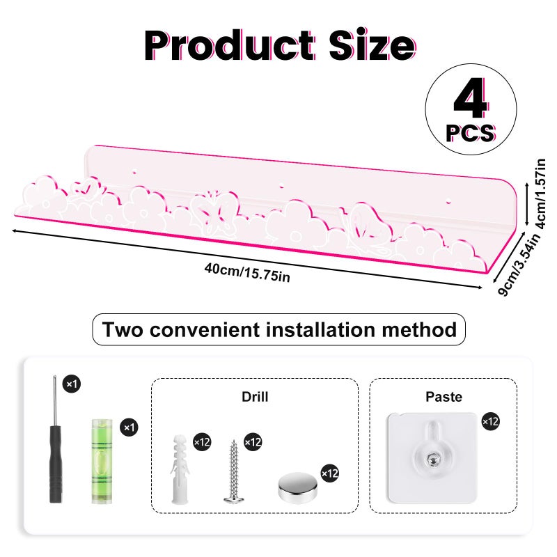 alldomess Floating Shelves for Wall,4 Pack 15.7â€™â€™x 3.5â€™â€™Adhesive Acrylic Shelves Organizer for Book Toy Photo Makeup,Wall-Mounted Kids Storage for Bathroom,Bedroom,Nursery,Pink Butterfly - Image 2