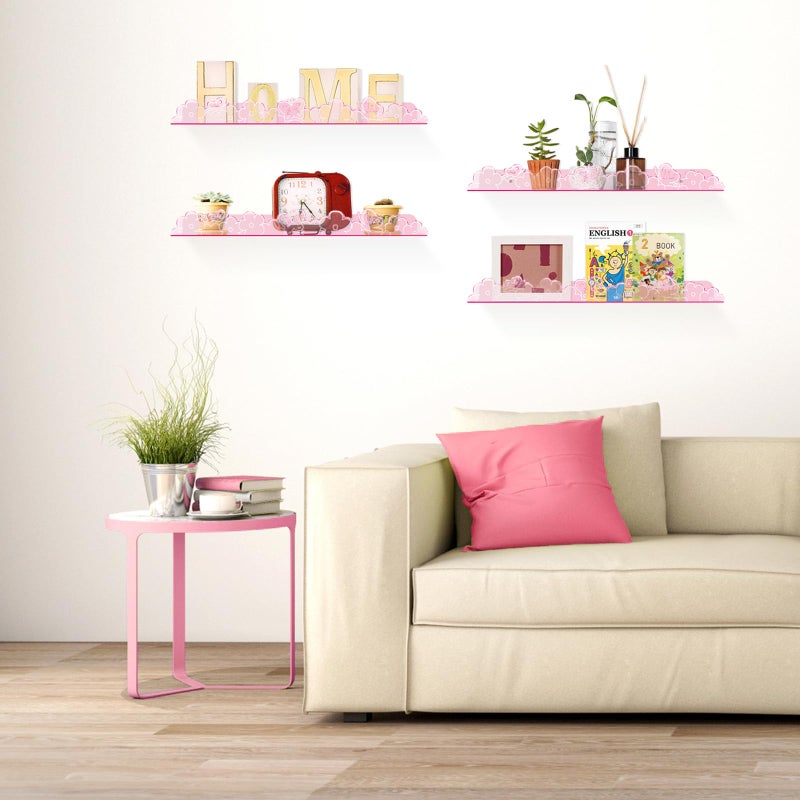 alldomess Floating Shelves for Wall,4 Pack 15.7â€™â€™x 3.5â€™â€™Adhesive Acrylic Shelves Organizer for Book Toy Photo Makeup,Wall-Mounted Kids Storage for Bathroom,Bedroom,Nursery,Pink Butterfly - Image 5