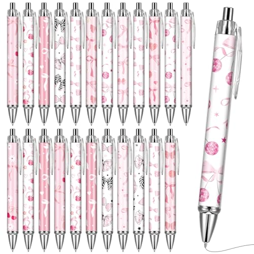 VorkiVecKi Pink Ballpoint Pens Favors - Retractable 24 Pcs Black Gel Ink Ball Point Pen Fine Cute Coquette Bow Tie Writing Supplies Fancy Gifts for Lovers Girls Nurse Teacher Assistants Office Work - Image 1
