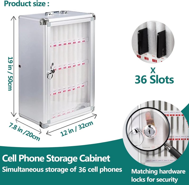 Clefairy Cell Phones Storage Cabinet 36 Slots Aluminum Alloy Cell Phones Holder Storage Box Mobile Phones Desktop Organizer Wall-Mounted Pocket Chart Storage Locker Box with a Lock - Image 2