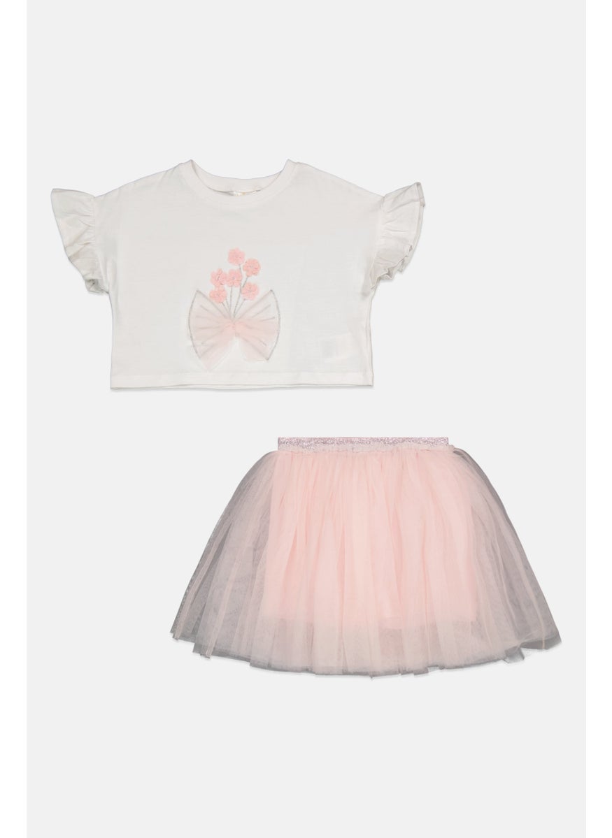 MISS Kids Girl 2 Pieces Embroidered Top And Mesh Skirt Set, White/Pink  - Image 1