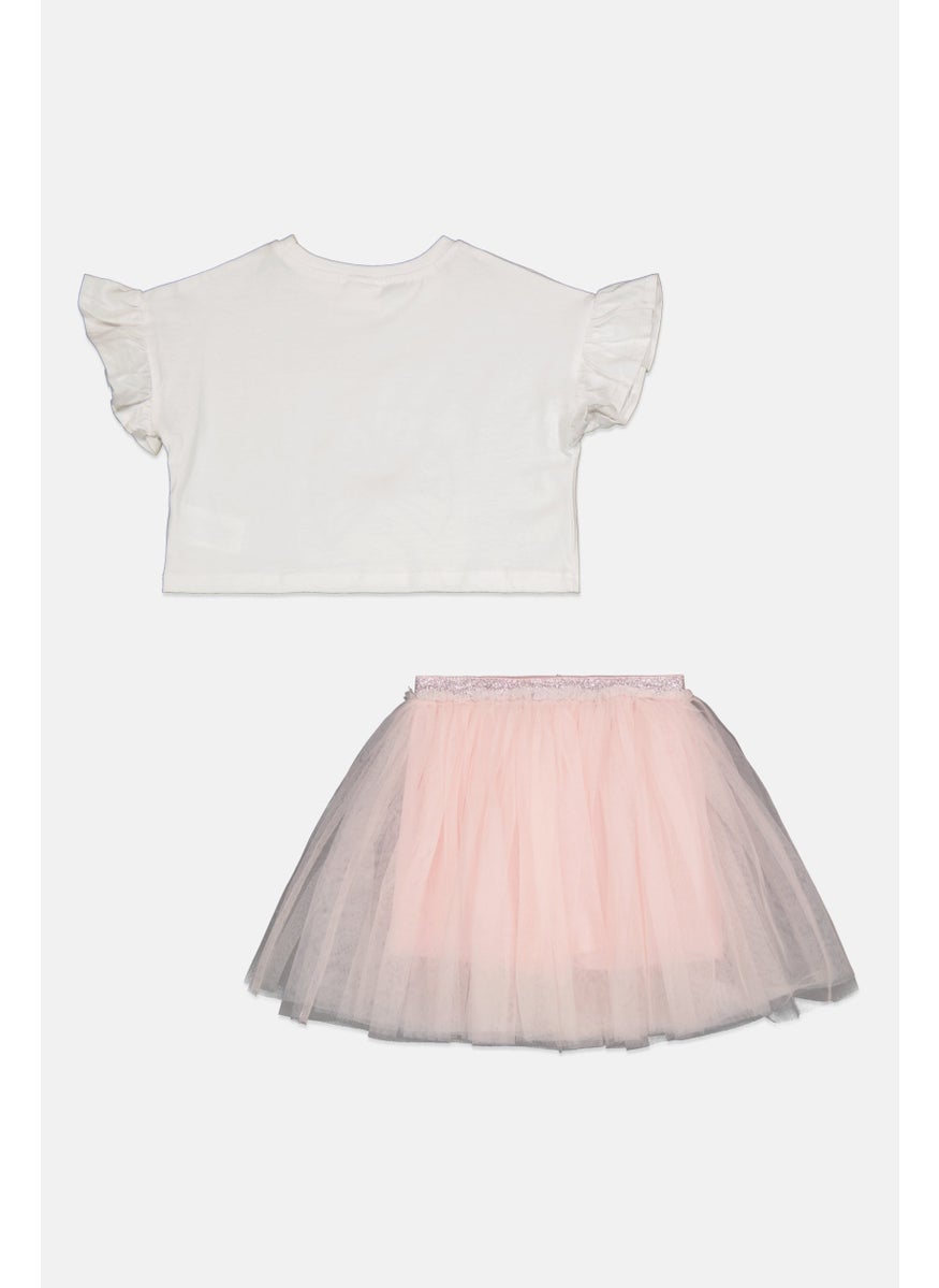 MISS Kids Girl 2 Pieces Embroidered Top And Mesh Skirt Set, White/Pink  - Image 2