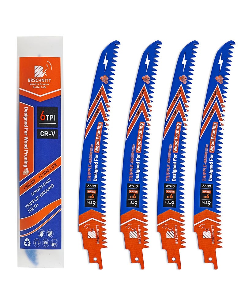 BRSCHNITT Japanese Teeth Reciprocating Saw Blades 9" 4PCS - Curved Edge Wood Pruning Saw Blades 6TPI for Tree Trimming,Wood Cutting,Cr-V Sabre Saw Pruning Blade - Image 1