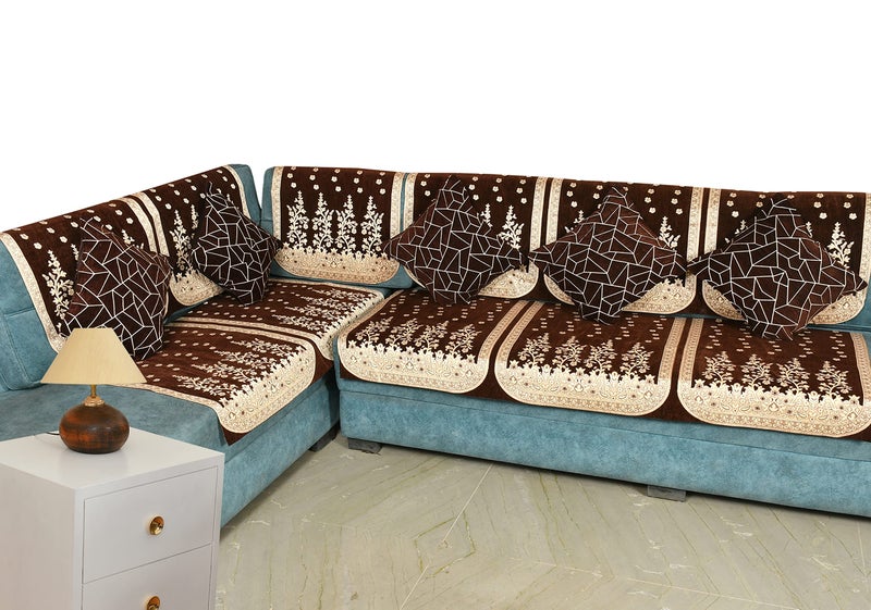 Dazzling DECOR L Shape Velvet Sofa Cover Set - Printed Sofa Back Slip Covers Panels 3 and 2 and 1 Seater Cover for Long Sofa Couch - Premium Slip Cover Protector with Cushion Covers, Brown_1382 - Image 2