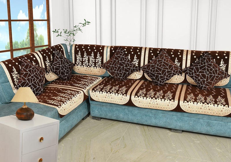 Dazzling DECOR L Shape Velvet Sofa Cover Set - Printed Sofa Back Slip Covers Panels 3 and 2 and 1 Seater Cover for Long Sofa Couch - Premium Slip Cover Protector with Cushion Covers, Brown_1382 - Image 1