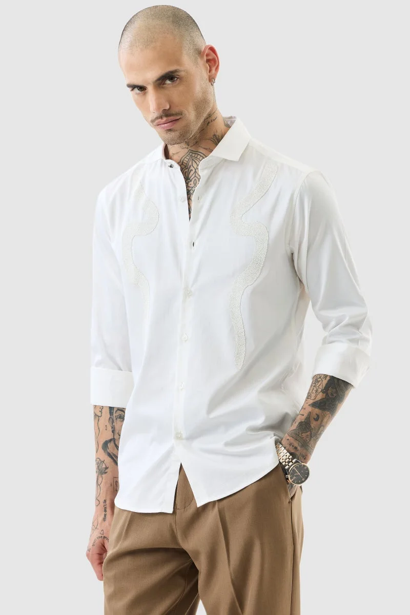 سنيتش White Abstract Long Sleeve Slim Fit Shirt
