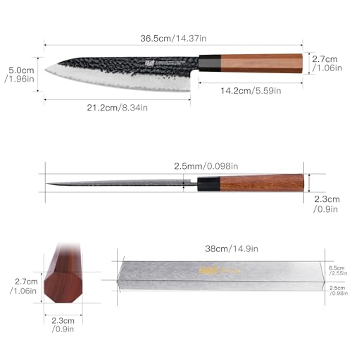 FINDKING Chef’s Knife 8 Inch, All Purpose Cooking Knife with High Carbon Steel Hammered Blade, Rosewood Octagonal Handle, for Meat, Fish, Fruits and Vegetables, Dynasty Series - Image 4