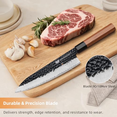 FINDKING Chef’s Knife 8 Inch, All Purpose Cooking Knife with High Carbon Steel Hammered Blade, Rosewood Octagonal Handle, for Meat, Fish, Fruits and Vegetables, Dynasty Series - Image 2