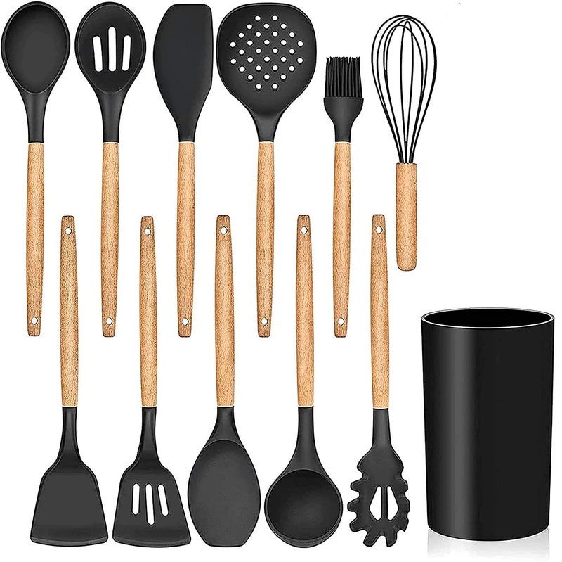 Ziaon Silicone Cooking Utensil Kitchen Utensils Set 11 Pcs, Cooking Tools for Nonstick Cookware Heat Resistant, BPA Free Silicon Spatula Utensil Sets, with Wooden Handle - New Black - Image 3