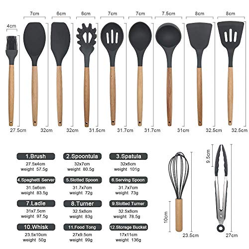 Ziaon Silicone Cooking Utensil Kitchen Utensils Set 11 Pcs, Cooking Tools for Nonstick Cookware Heat Resistant, BPA Free Silicon Spatula Utensil Sets, with Wooden Handle - New Black - Image 2