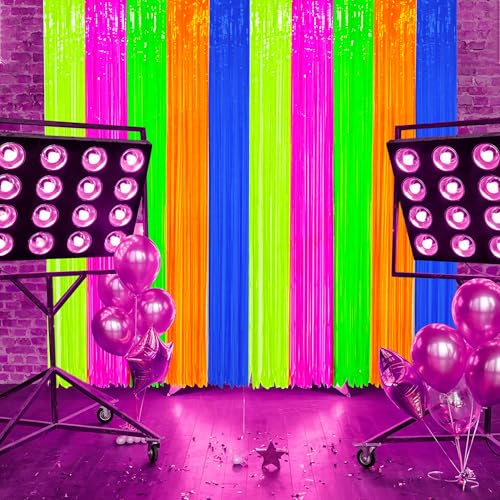 Maniaacer 2 Pack Neon Foil Fringe Curtains Glow in The Dark Tinsel Streamers Fluorescent Macaron Foil Fringe Backdrop Neon Party Photo Booth Prop for Glow Birthday Wedding Blacklight Party Decor, 3.3 x 6.6 Ft - Image 5