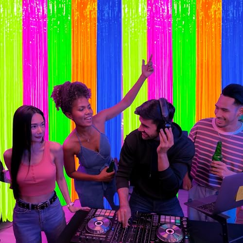 Maniaacer 2 Pack Neon Foil Fringe Curtains Glow in The Dark Tinsel Streamers Fluorescent Macaron Foil Fringe Backdrop Neon Party Photo Booth Prop for Glow Birthday Wedding Blacklight Party Decor, 3.3 x 6.6 Ft - Image 4