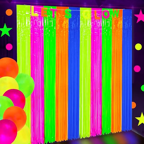 Maniaacer 2 Pack Neon Foil Fringe Curtains Glow in The Dark Tinsel Streamers Fluorescent Macaron Foil Fringe Backdrop Neon Party Photo Booth Prop for Glow Birthday Wedding Blacklight Party Decor, 3.3 x 6.6 Ft - Image 1