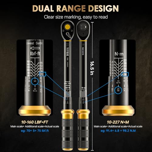 YIYEIE 1/2-Inch Drive Torque Wrench with Upgraded Lock Ring, ±3% High Precision Click, 10-160 FT.LB (10-227 Nm), 2-Way 72-Tooth for Easier Adjustments, Ideal for Moto, Lug Nuts, Tires, Wheels, and Car Repair - Image 5