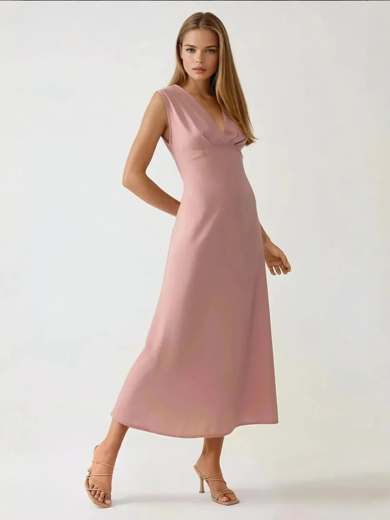 زوبعة فستان ميدي بياقة على شكل حرف  بلمسة ناعمة