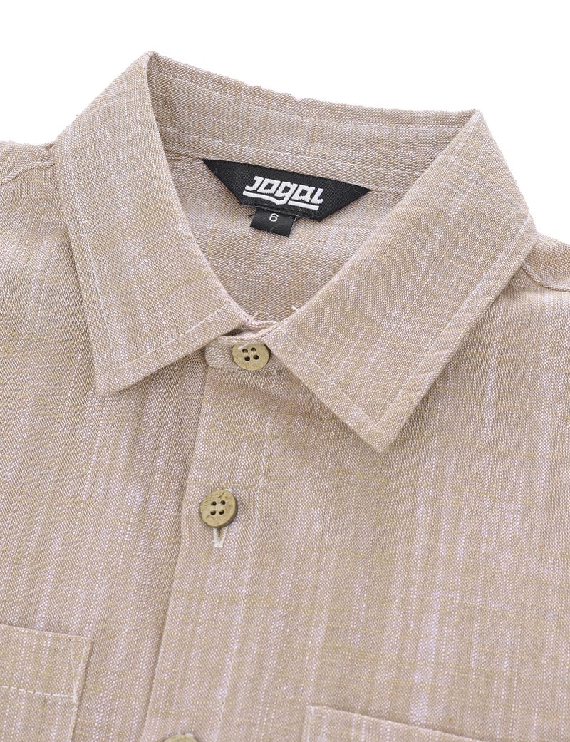 JOGAL Boys Chambray Shirts Short Sleeve Button Down Casual Cotton Woven Shirt with Two Pockets for Kids 6-14 Years Khaki 10 - Image 3