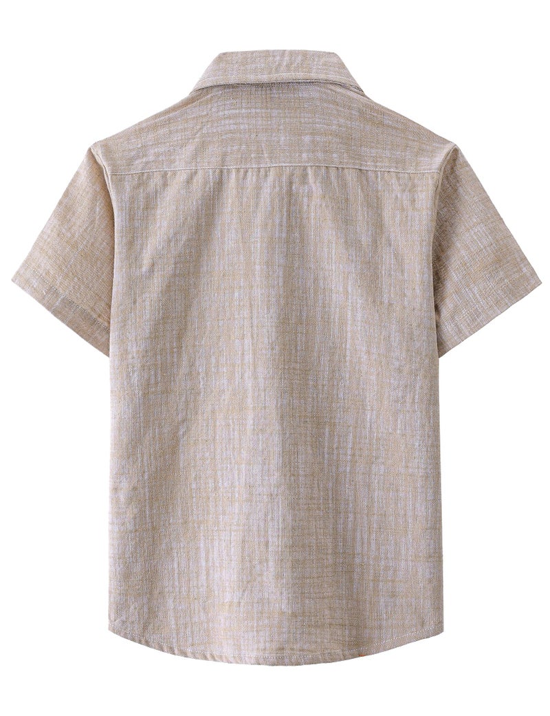 JOGAL Boys Chambray Shirts Short Sleeve Button Down Casual Cotton Woven Shirt with Two Pockets for Kids 6-14 Years Khaki 10 - Image 2