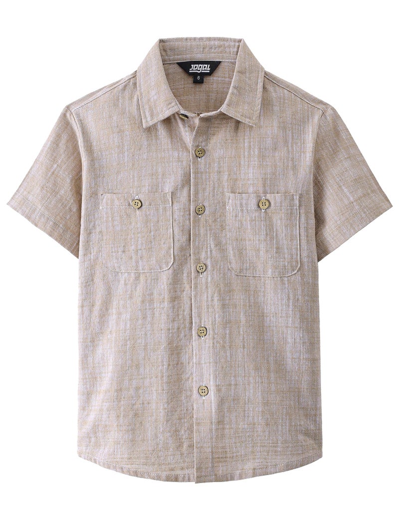 JOGAL Boys Chambray Shirts Short Sleeve Button Down Casual Cotton Woven Shirt with Two Pockets for Kids 6-14 Years Khaki 10 - Image 1