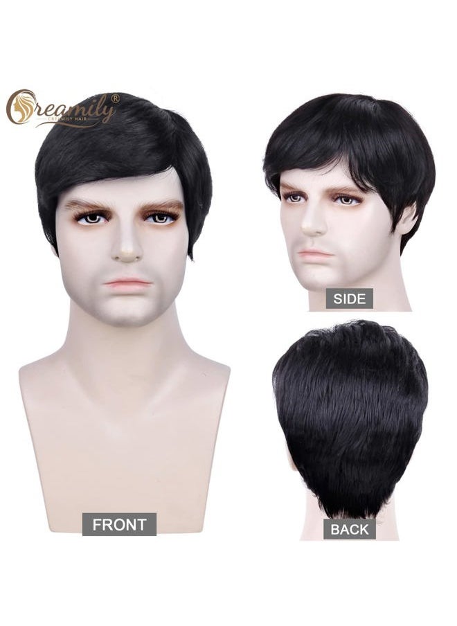 creamily - Mens Short Black Wigs Human Hair Mens Wigs Straight Layered Natural Brazilian Pixie Wigs Human Hair Full Wigs - Image 1