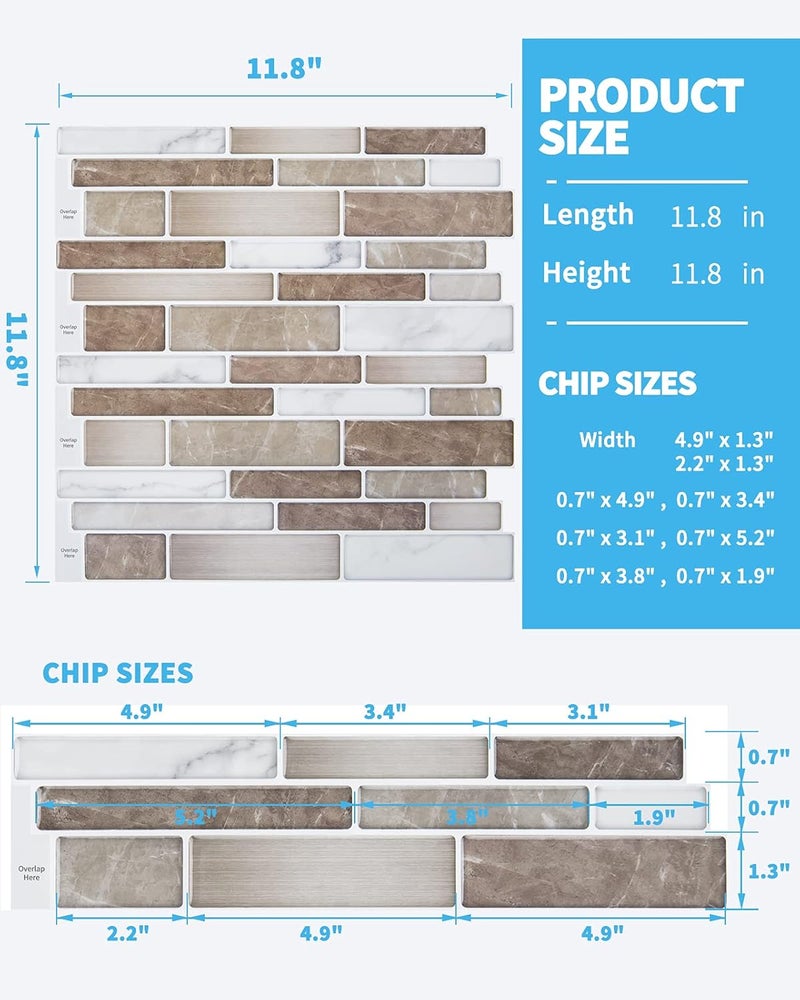Art3d 10-Sheet Premium Stick On Kitchen Backsplash Tiles, 12"x12" Peel and Stick Self Adhesive Bathroom 3D Wall Tiles Mosaic Art Tiles, Marble Design - Image 2