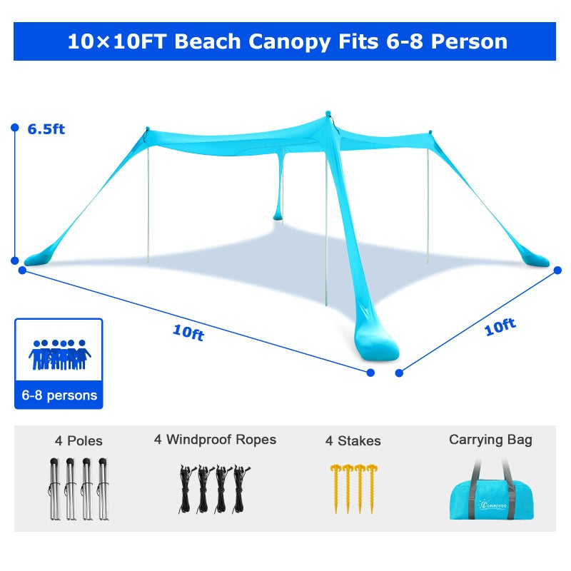 COMMOUDS Beach Tent Sun Shelter - UPF50+ Pop Up Beach Canopy with Sandbags & Sand Shovel & Windproof Poles, Portable Sun Shade for Beach, Camping, Picnics, Backyard (10x10FT) - Image 2