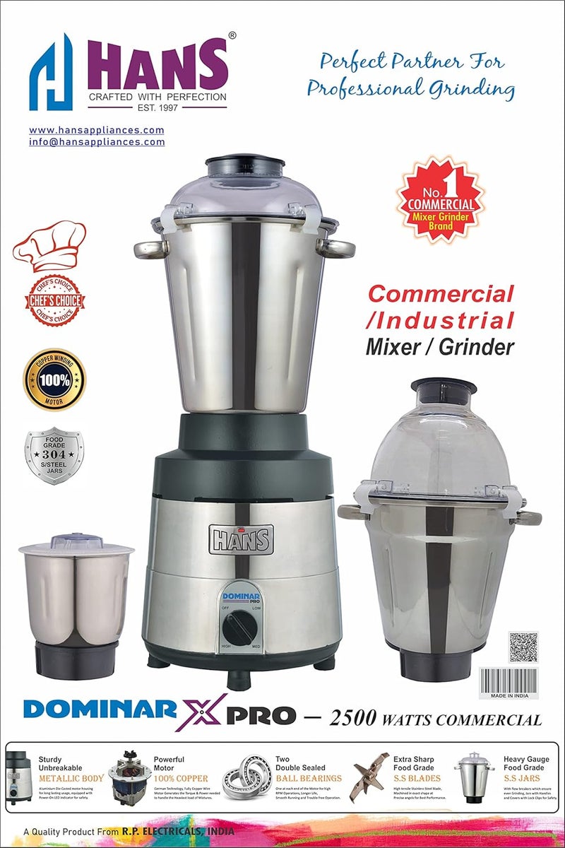 Hans HANS Dominar X Pro 2500 Watts 3.5 HP Commercial Mixer Grinder With 3 Jar Heavy Duty Black Grey  - Image 5