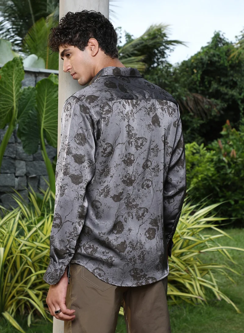 Campus Sutra Campus Sutra Men Faded-Flora Jacquard Shirt | Jacquard-Weave With Abstract Floral Pattern & Spread Collar | Cotton-Blend Fabric & Regular Fit | Casual & Club Wear Full Sleeve Design | Moon Grey