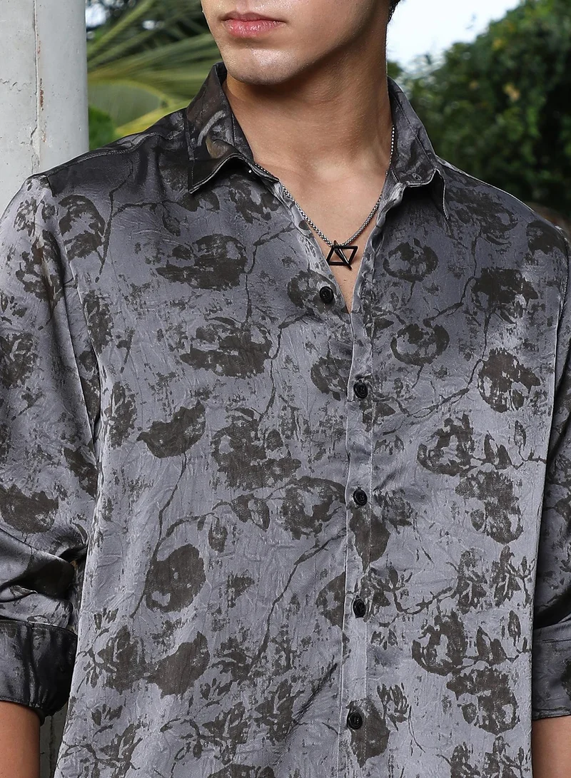 Campus Sutra Campus Sutra Men Faded-Flora Jacquard Shirt | Jacquard-Weave With Abstract Floral Pattern & Spread Collar | Cotton-Blend Fabric & Regular Fit | Casual & Club Wear Full Sleeve Design | Moon Grey