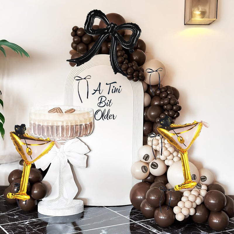 besttideyes Martini Birthday Decorations Brown Beige White Balloon with Martini and Black Bow foil Balloon for Espresso A Tini Bit Older Birthday Wedding Bridal Party Decorations - Image 2