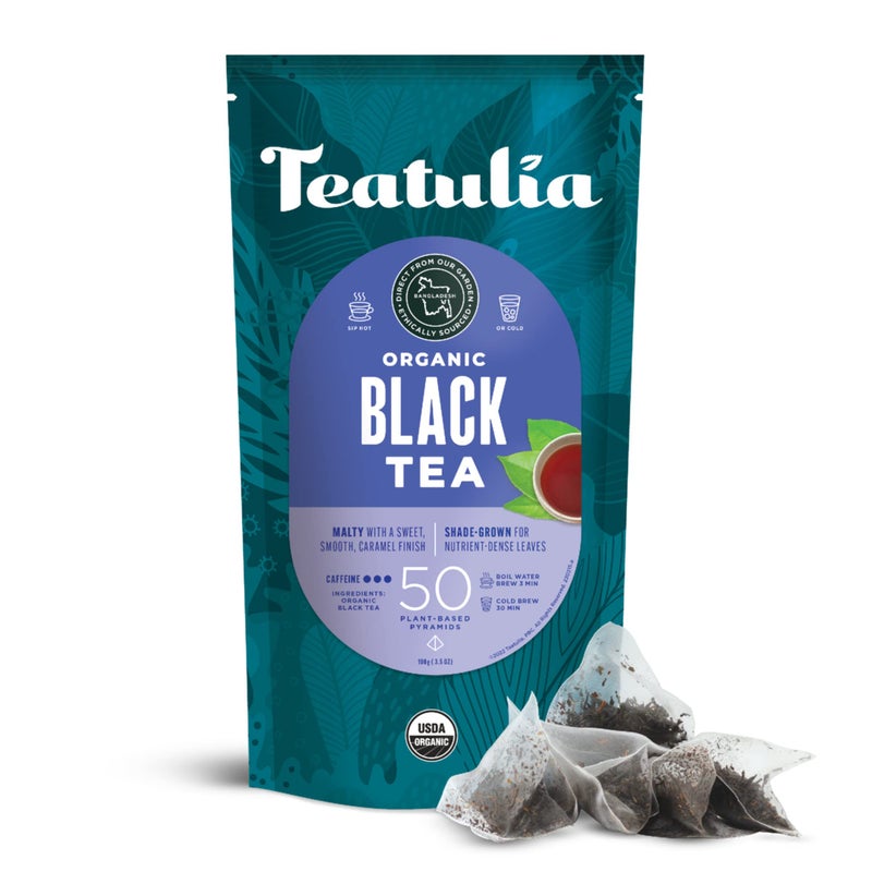 Teatulia Organic Black Tea Bags (50 Pyramid Sachet Teabags) 100% Compostable and Sustainably Grown In Bangladesh. Pure Black Tea Strong English Breakfast - Image 1