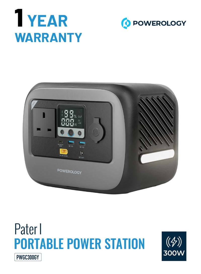 باورولوجي محطة طاقة محمولة باتر 1 بقوة 300 واط / مولد طاقة بسعة بطارية 236.25 وات في الساعة / تغطية كاملة للجهاز / مولد للتخييم والأنشطة الخارجية / لوحة شحن لاسلكية بقوة 15 واط / مدخل طاقة شمسية فعال - رمادي - Image 1