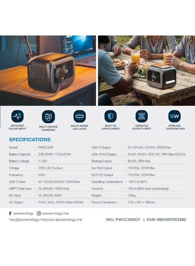 Powerology Pater Portable Power Station 300W, Power Generator 236.25Wh Battery Capacity, UPS Portable PowerStation, Solar Generator, Fast Charge PD 100W Port Included, Instant Backup Power, Camping and Outdoor Generator, 15W Wireless Charging Pad, Multi Mode LED Light, Built In Safe Guards - Grey - Image 5