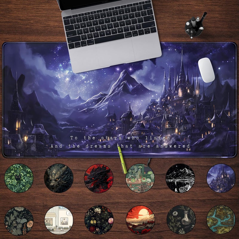 Mechanical Cattle Night Purple Desk Mat Dark Academia Anime Computer Desk Keyboard Mat, 31.5 X 15.8 in Office Decor for Women Castle Aesthetics Mouse Pad XXL for Desktop Laptop Computer Mouse Gaming Pad - Image 2