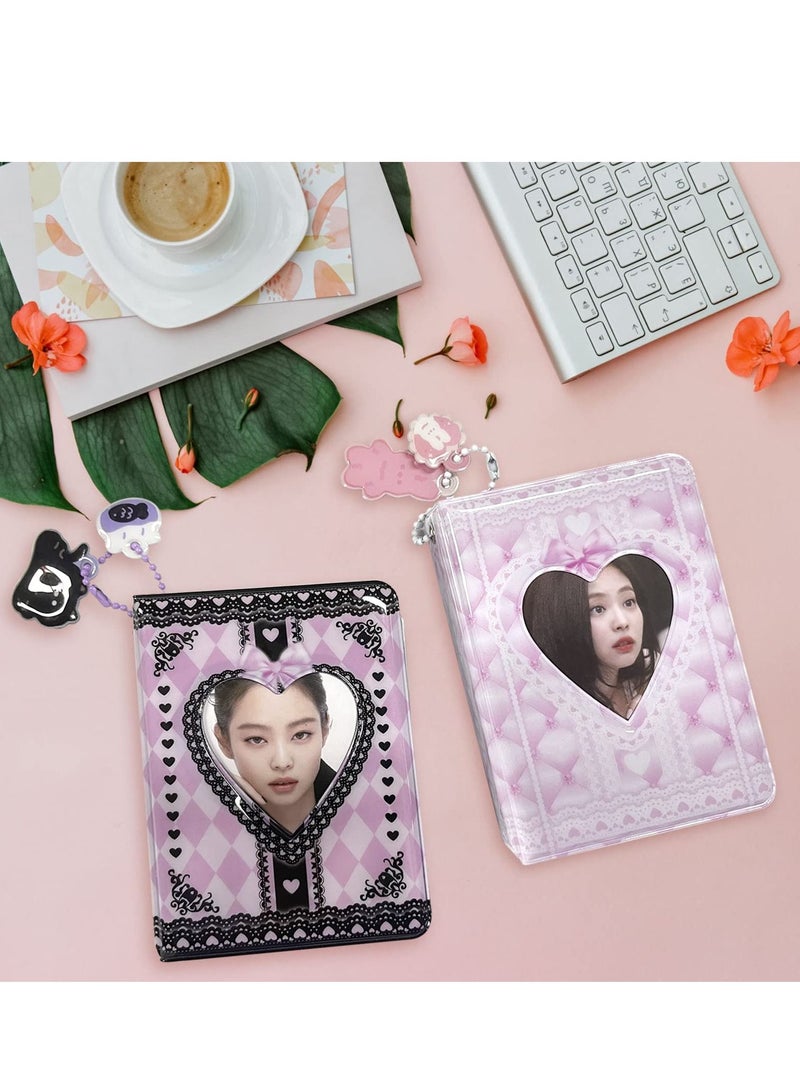 NIBEMINENT 3 Inch Photocard Binder Kpop Holder Book Mini Photo Album Small Card Love Heart Hollow ID with Pendant 40 Pockets, Black Lace  - Image 4