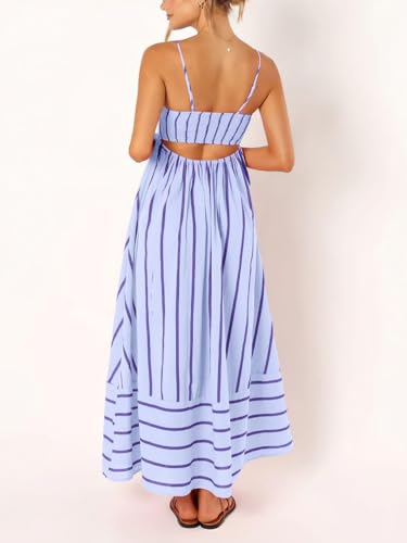 yoeasy Women's Striped Spaghetti Strap Cutout Maxi Dress Sleeveless Backless Flowy Swing Long Dress (Small, Purple) - Image 2