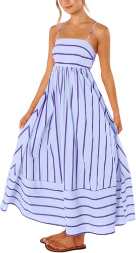 yoeasy Women's Striped Spaghetti Strap Cutout Maxi Dress Sleeveless Backless Flowy Swing Long Dress (Small, Purple) - Image 1
