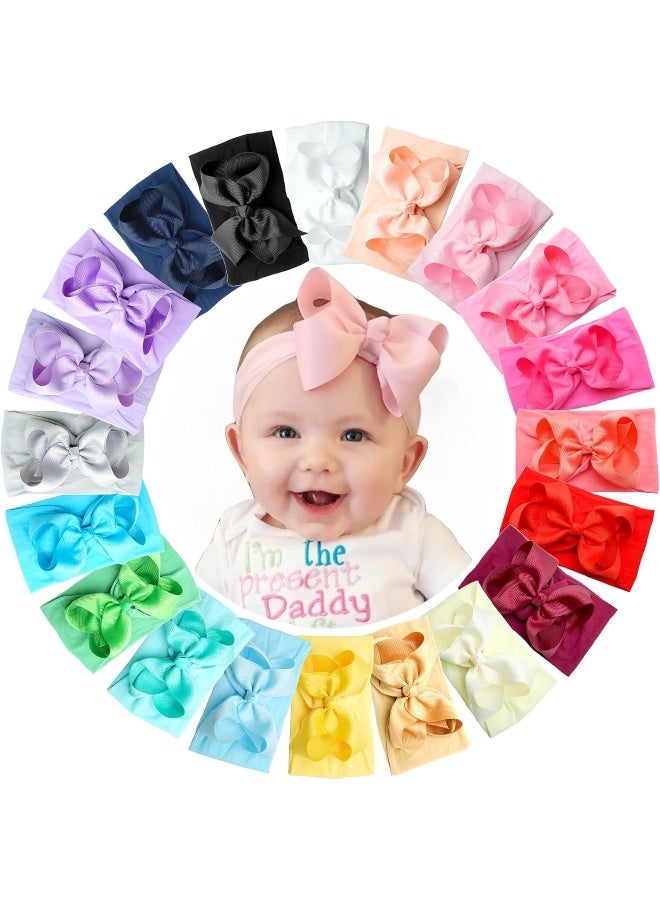 Yxiang 20PCS Baby Girl Bows Headbands, 4" Infant Bows Headbands Super Elastics Nylon Hairbands Cute Handmade Ribbon Bows for Babies Newborn Toddler (20 Colors) - Image 1