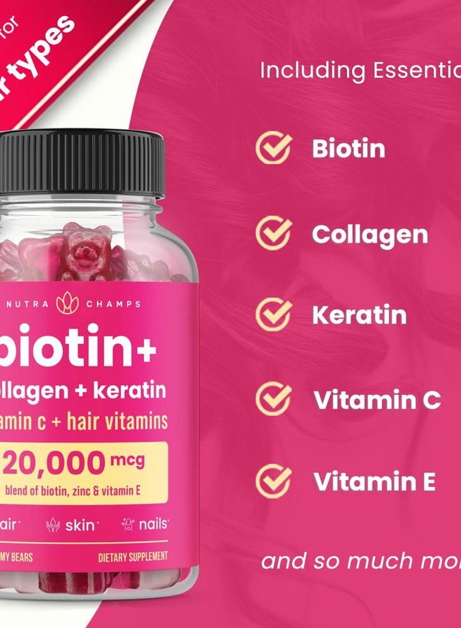 NutraChamps Hair Skin & Nails Gummies, Biotin with Collagen & Keratin, 5000mcg Biotin Beauty Complex, Vitamin Supplement, Berry, 120 Count, Healthy Hair, Radiant Skin & Strong Nails (Pack of 2)  - Image 2
