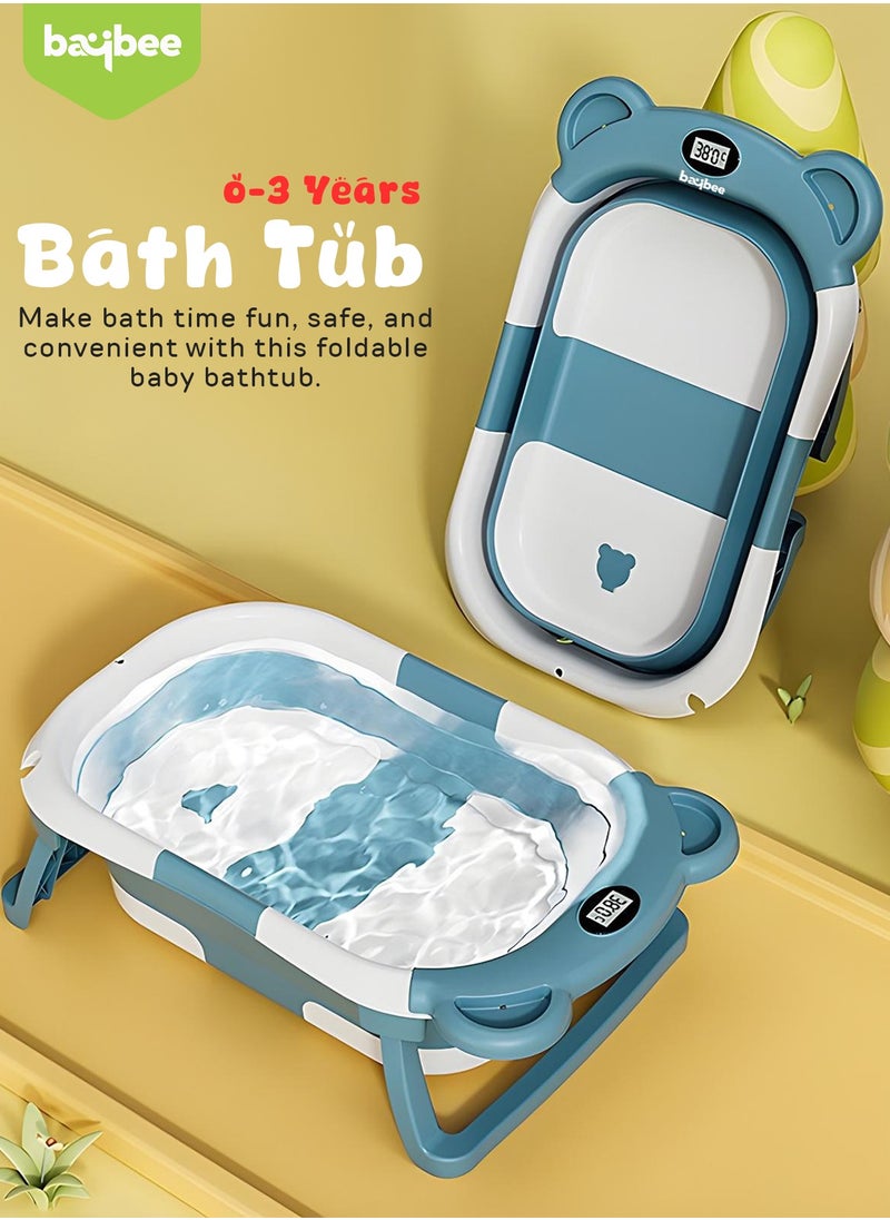 BAYBEE - Collapsible Baby Bath Tub for Kids with Temperature Sensing Display Anti Slip Base Drainer Foldable Kids Bathtub for Baby 0 to 3 Years Blue - Image 1
