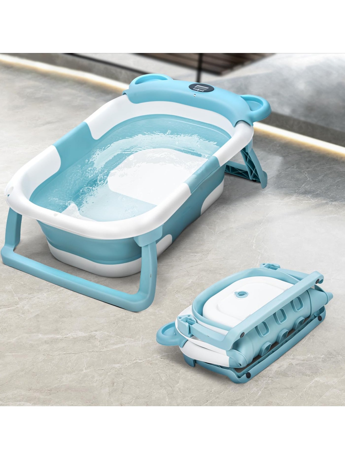 BAYBEE Collapsible Baby Bath Tub for Kids with Temperature Sensing Display Anti Slip Base Drainer Foldable Kids Bathtub for Baby 0 to 3 Years Blue
