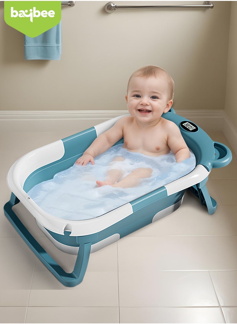 BAYBEE - Collapsible Baby Bath Tub for Kids with Temperature Sensing Display Anti Slip Base Drainer Foldable Kids Bathtub for Baby 0 to 3 Years Blue - Image 1