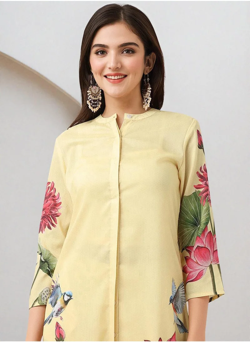 ISHIN Floral Printed Band Collar Straight Kurta With Trousers