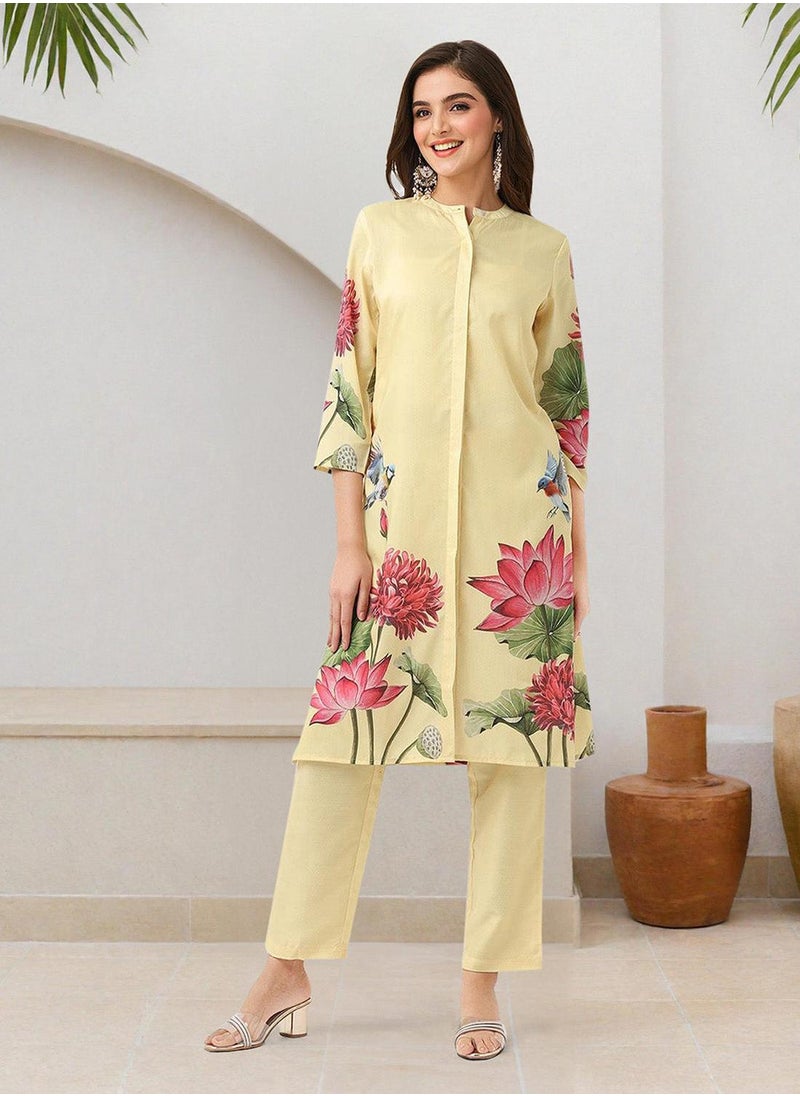 Floral Printed Band Collar Straight Kurta With Trousers - pzsku/ZCF37905DDF3798103309Z/45/1741189790/53f0466f-9593-45ca-970e-0f5bed5cb3e2