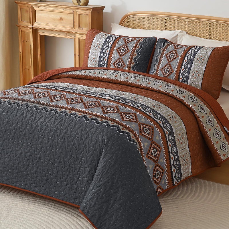 WONGS BEDDING 3 Pieces Quilt Set King Size Burnt Orange Quilt Bedspread Lightweight Bohemian Coverlet Set with 2 Pillowcase Soft Geometry Printed Bedding Set King for All Season 10490 - Image 2